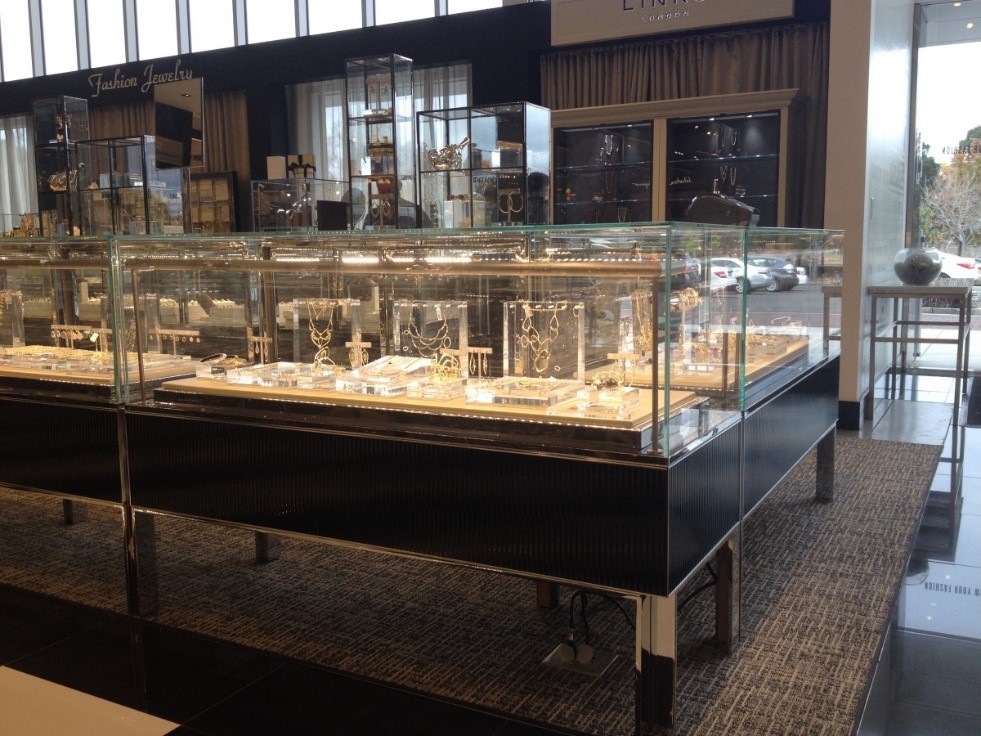 Jewelry display cases at Bloomingdale’s by Display Craft Manufacturing