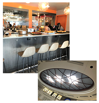 Stock millwork of exciting bar indoor scene and custom created ceiling light